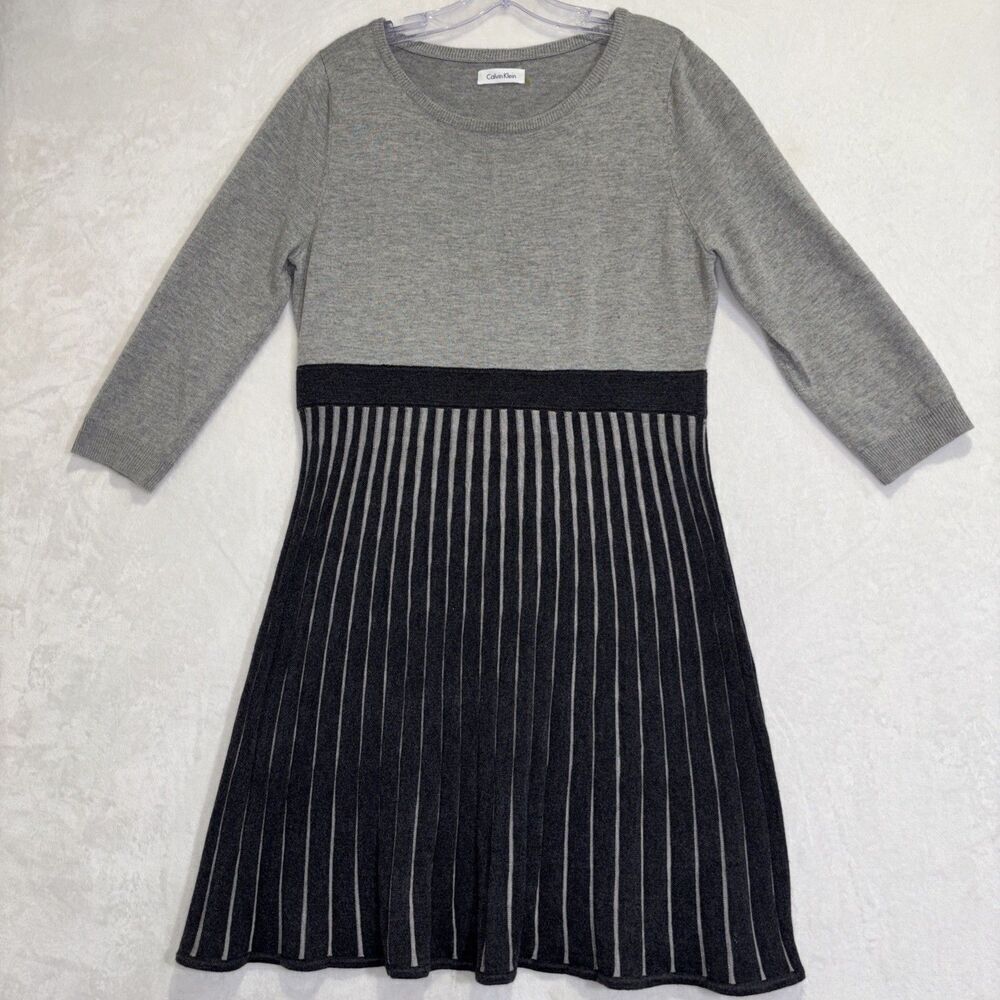 Calvin Klein Women's Ribbed Fit & Flare Sweater Dress Large Gray Classic Career